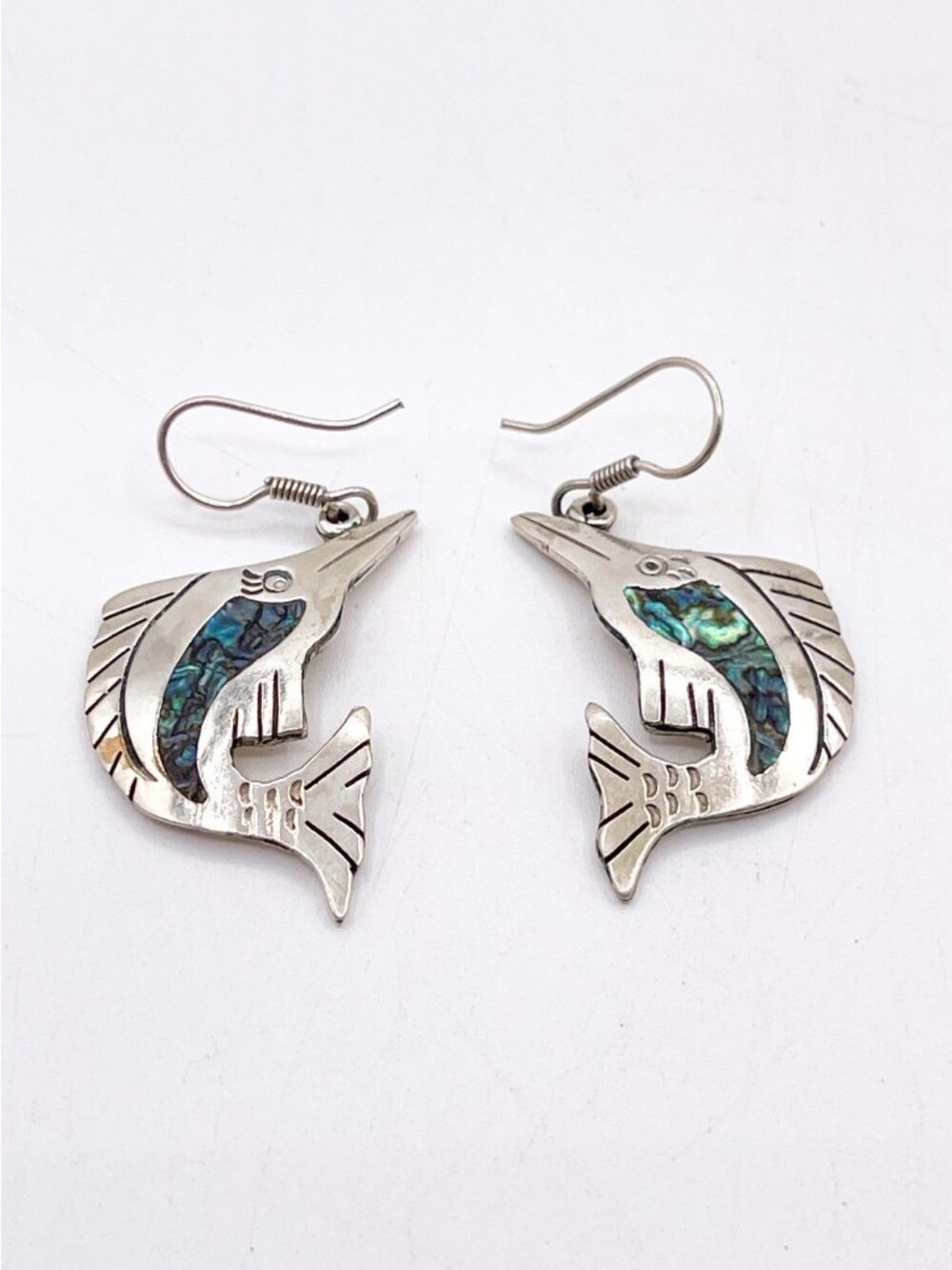Vintage Mexico 925 Abalone Fish Earrings Sterling Silver Dangle Artisan Boho